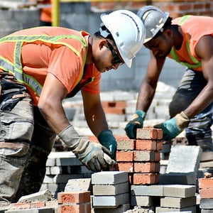 Bricklayers bending down to pick up bricks on a construction site-1