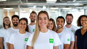 Group of 10 people standing in an office smiling for the camera, wearing white tshirts with a green logo on the sleeve