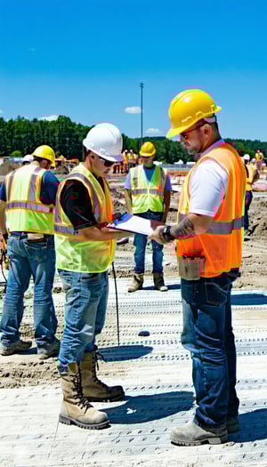 The image depicts a bustling construction site under a clear blue sky In the foreground a diverse group of workers clad in safety gearhard hats reflective vests and steeltoed bootsare engaged in various tasks One worker is checking a clipboard while-3