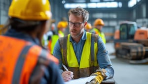 The manager, dressed in businesscasual attire, is actively listening and taking notes while workers in safety gear dirty and worn vests, gloves share
