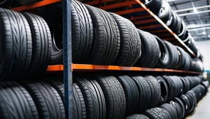 Warehouse of car tyres in racks