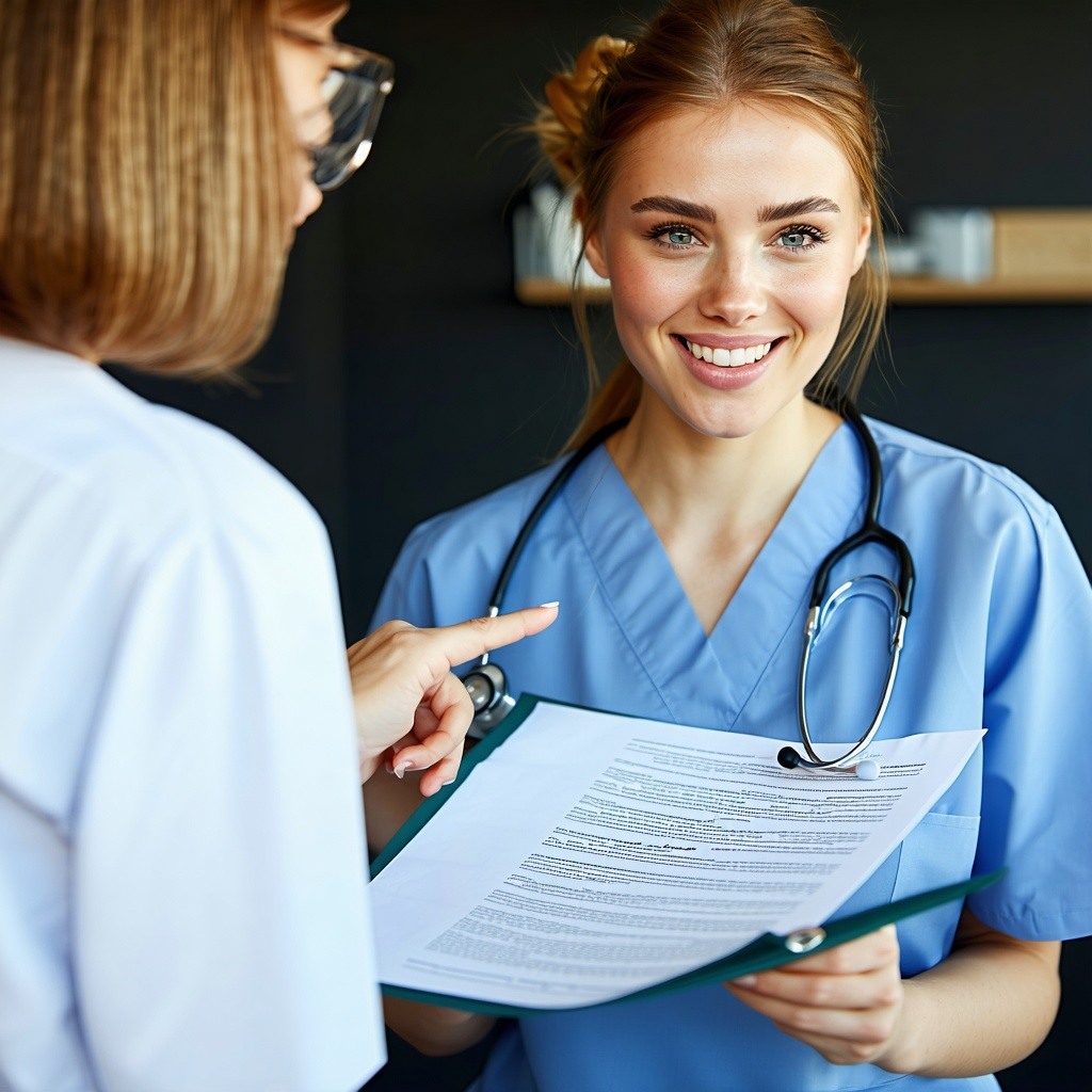 Professional sharing a document and pointing to it with a nurse looking on and smilling