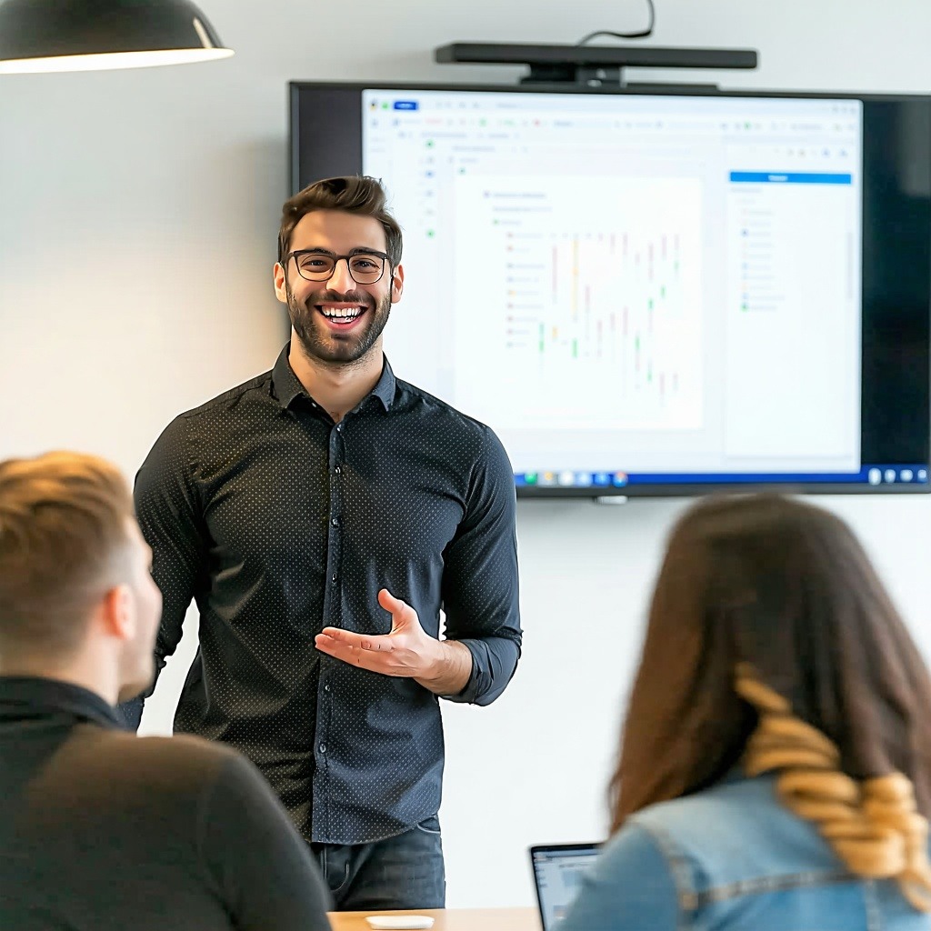 Professional smiling whilst presenting to group at a workplace training session